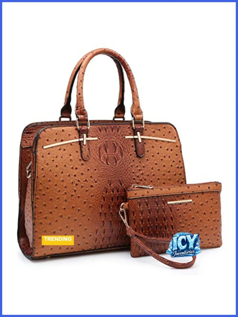 Faux Leather Satchel Bag Set 2pcs with 3 Compartments Top Handle Shoulder